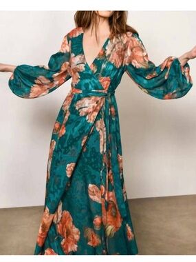 HUTCH Lindie Maxi Wrap Dress in Emerald Vining Anthro Balloon Sleeve XXS